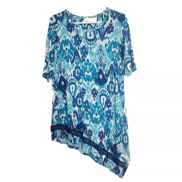Chico's Asymmetrical Crochet Hem Ikat Tunic Size 1 Medium Blue Elbow Sleeves - Picture 1 of 8